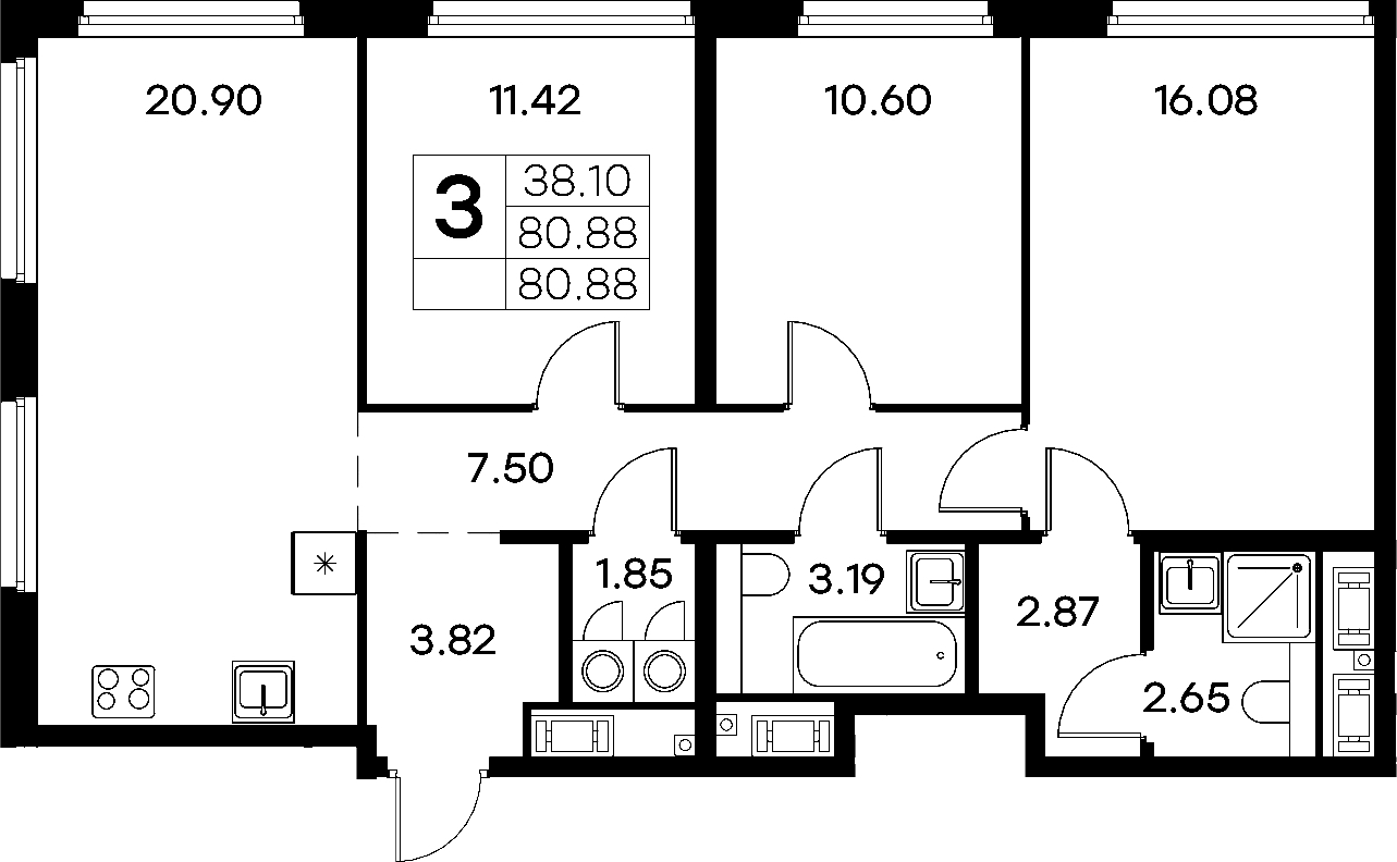 3-комнатная квартира 80.88 м², 16/18 эт., ЖК «Glorax City Василеостровский»